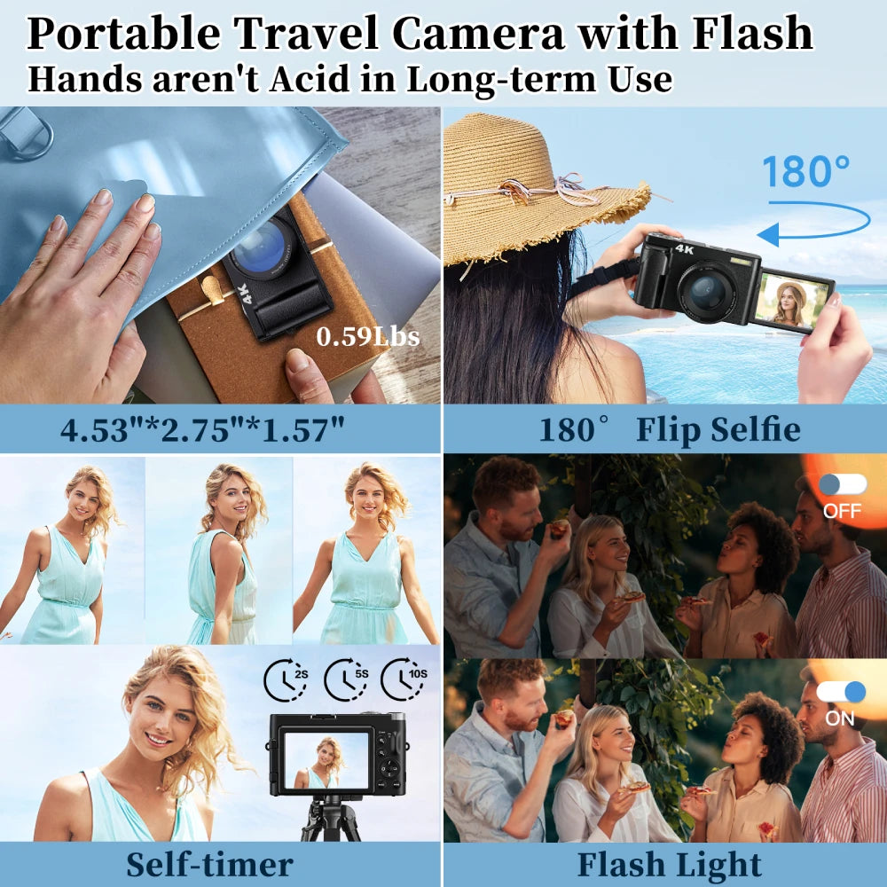 PureTone Audio 4K Digital Camera Autofocus Anti-Shake 48MP Camera 3'' 180° Flip Screen with Flash