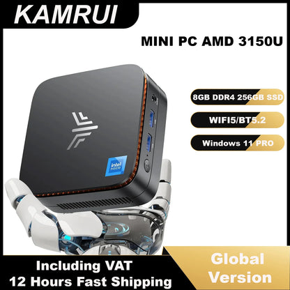 KAMRU Mini PC AMD 3150U 3.3GHz DDR4 8GB 256GB M.2 SSD Win11 Pro 4K HDMI Dual WiFi BT4.2 Mini Desktop PC for Business Home Office