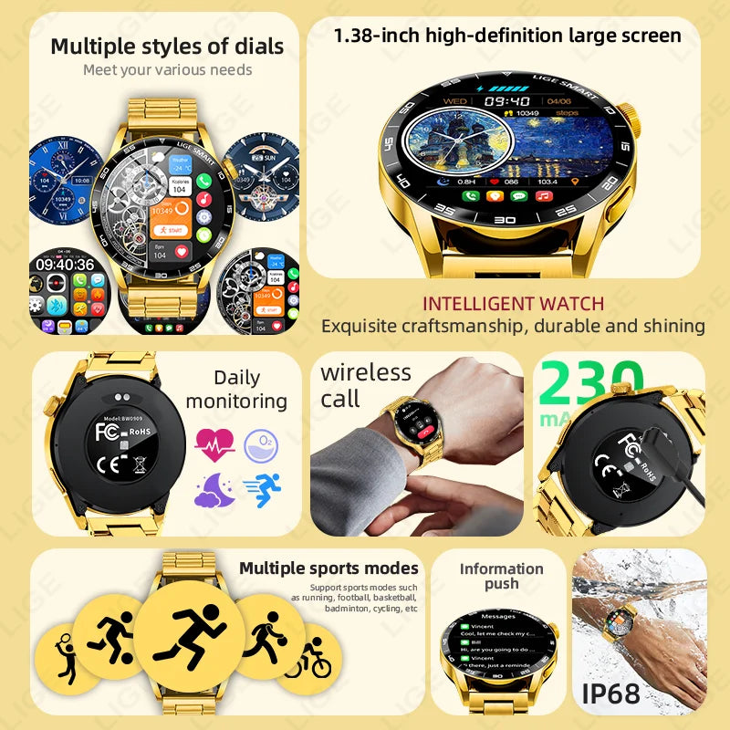 LIGE Luxury Smart Watch Health Sports Fitness Tracker Sleep Monitor Bluetooth Call Business Waterproof Smartwatch For Men Women