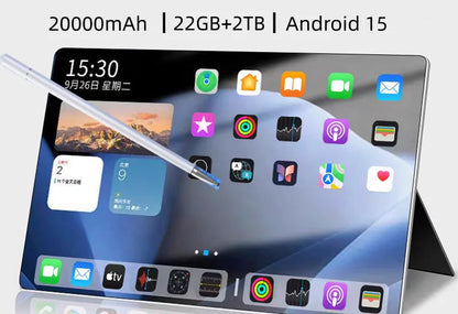 A promotional graphic for a 2026 iPad 16 Pro tablet, showing the device standing on its black kickstand with a stylus across the screen. Large text highlights 20000mAh, 22GB+2TB, and Android 15.