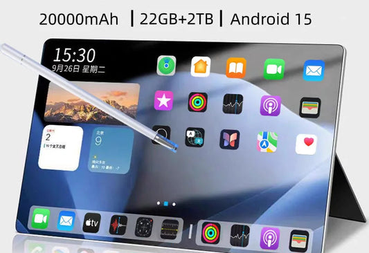 A promotional graphic for a 2026 iPad 16 Pro tablet, showing the device standing on its black kickstand with a stylus across the screen. Large text highlights 20000mAh, 22GB+2TB, and Android 15.