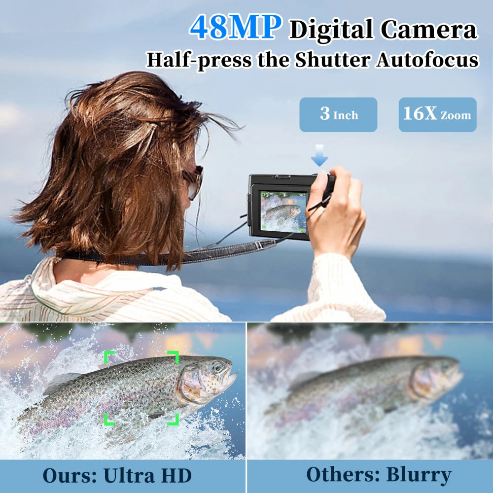 PureTone Audio 4K Digital Camera Autofocus Anti-Shake 48MP Camera 3'' 180° Flip Screen with Flash