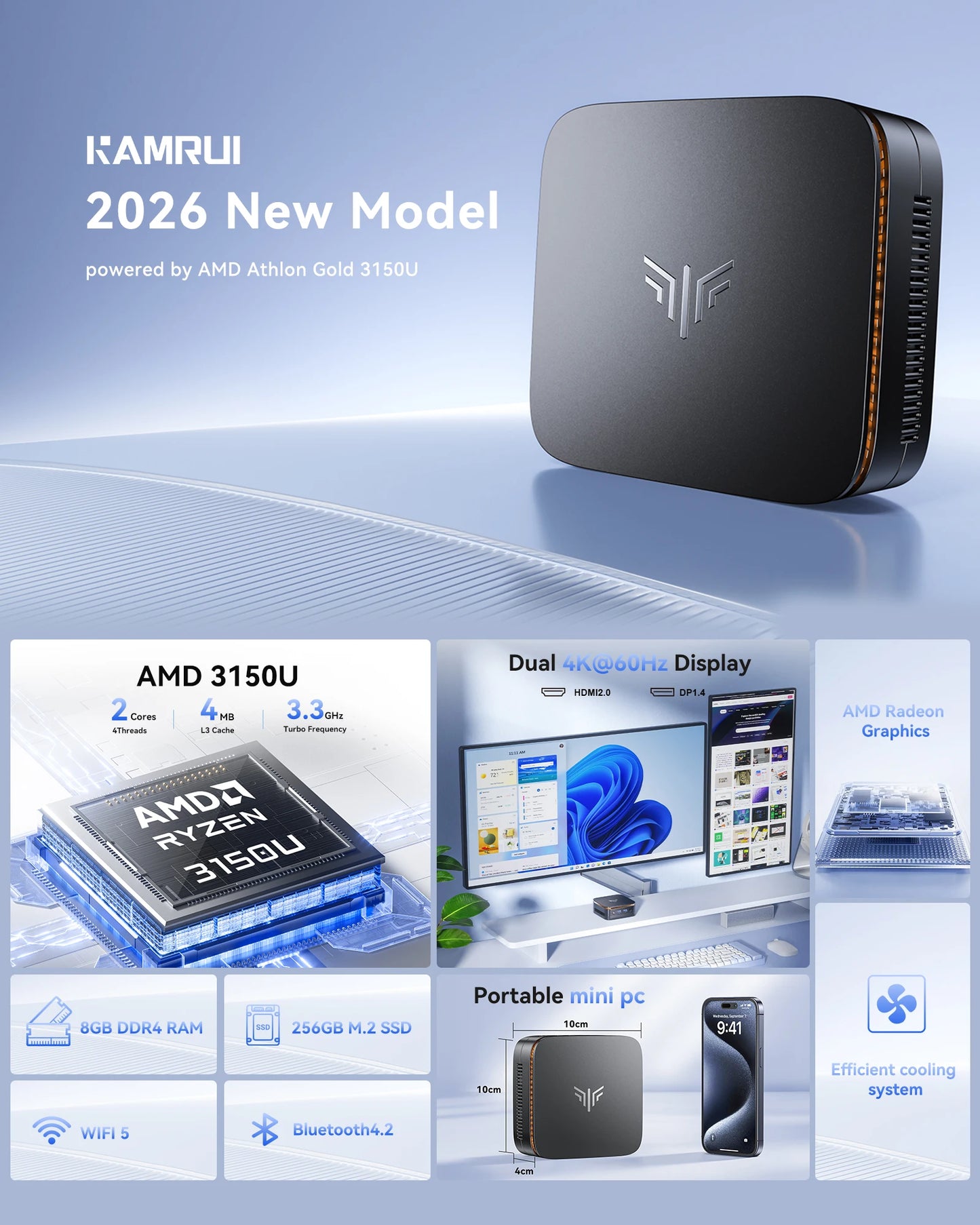 KAMRU Mini PC AMD 3150U 3.3GHz DDR4 8GB 256GB M.2 SSD Win11 Pro 4K HDMI Dual WiFi BT4.2 Mini Desktop PC for Business Home Office