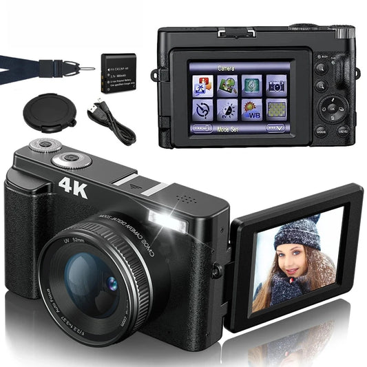 PureTone Audio 4K Digital Camera Autofocus Anti-Shake 48MP Camera 3'' 180° Flip Screen with Flash